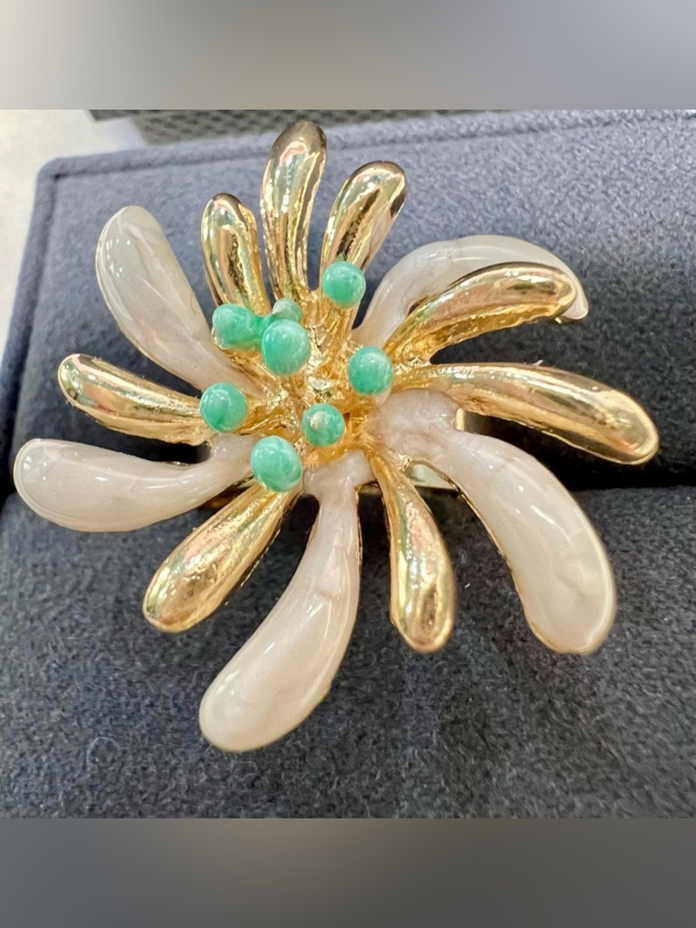 Gold Floral Ring with Cream Petals and Mint Green Accents